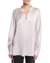 Vince Split-Neck Long-Sleeve Silk Satin Blouse at Neiman Marcus